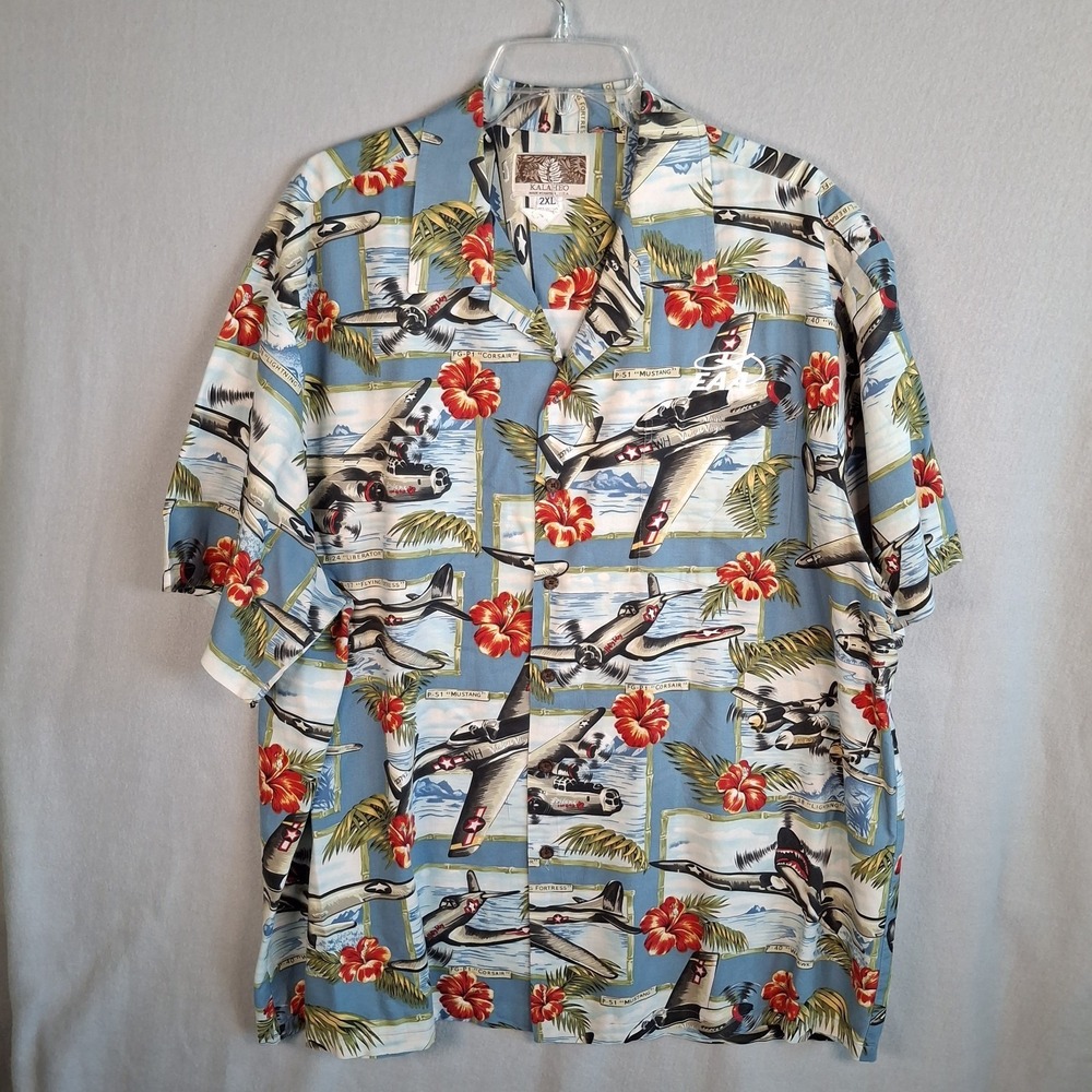 VTG Kalaheo Hawaiian‎ Shirt 2XL Aviation WWII Planes P-51 MustangEAA Embroidered